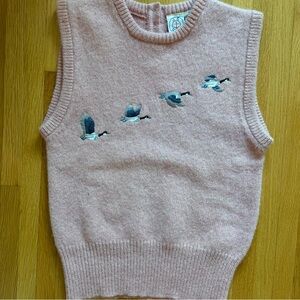 Vintage Pink 100% Wool Sweater Vest with Geese Embroidery